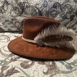 Brown Suede Hat with Feather Accent